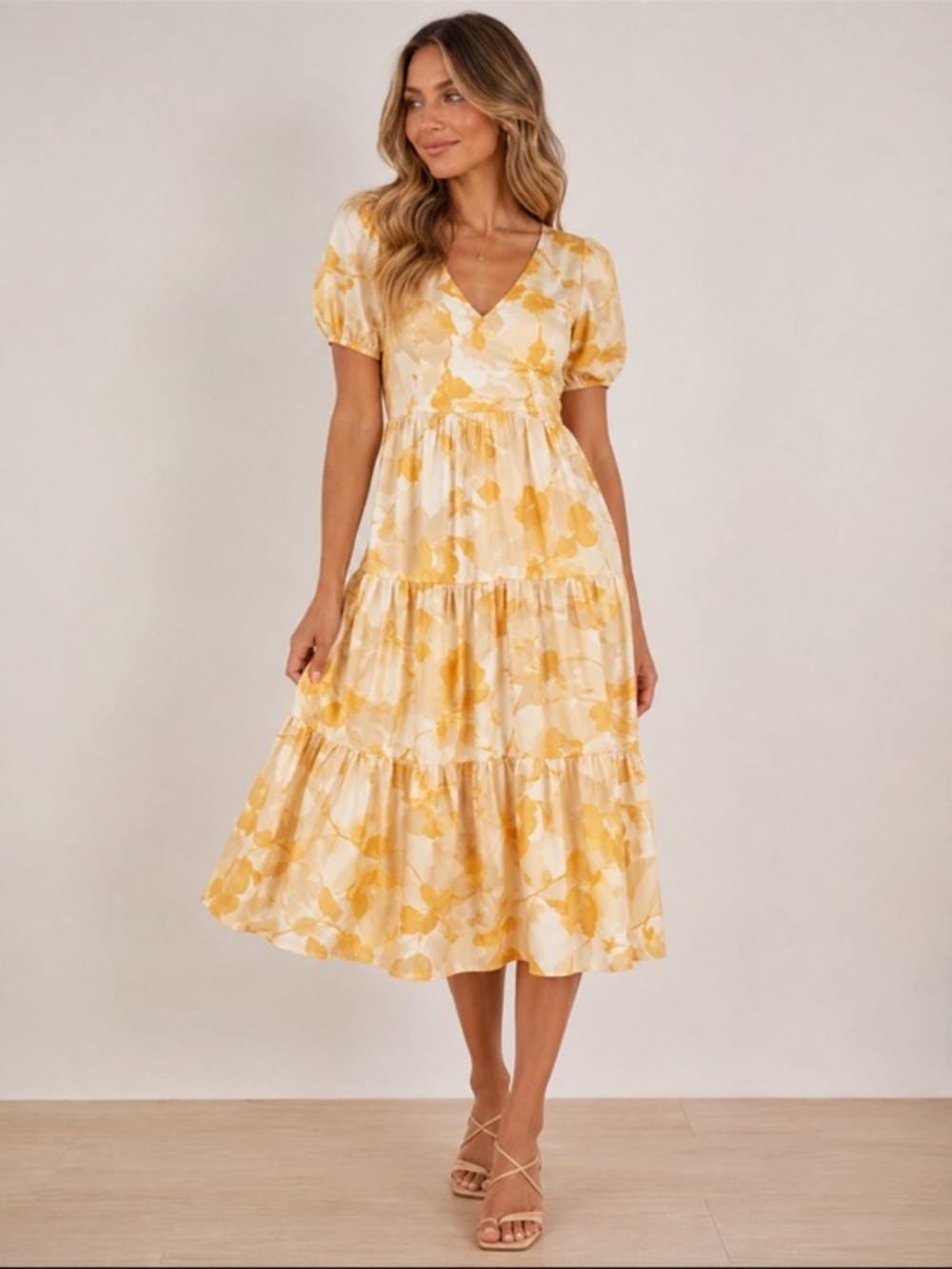 Pink Ripple Yellow Floral Puff Sleeve Tiered Midi Dress